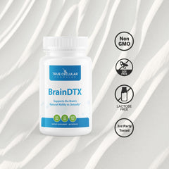BrainDTX capsules close-up highlighting daily cognitive support and antioxidants.