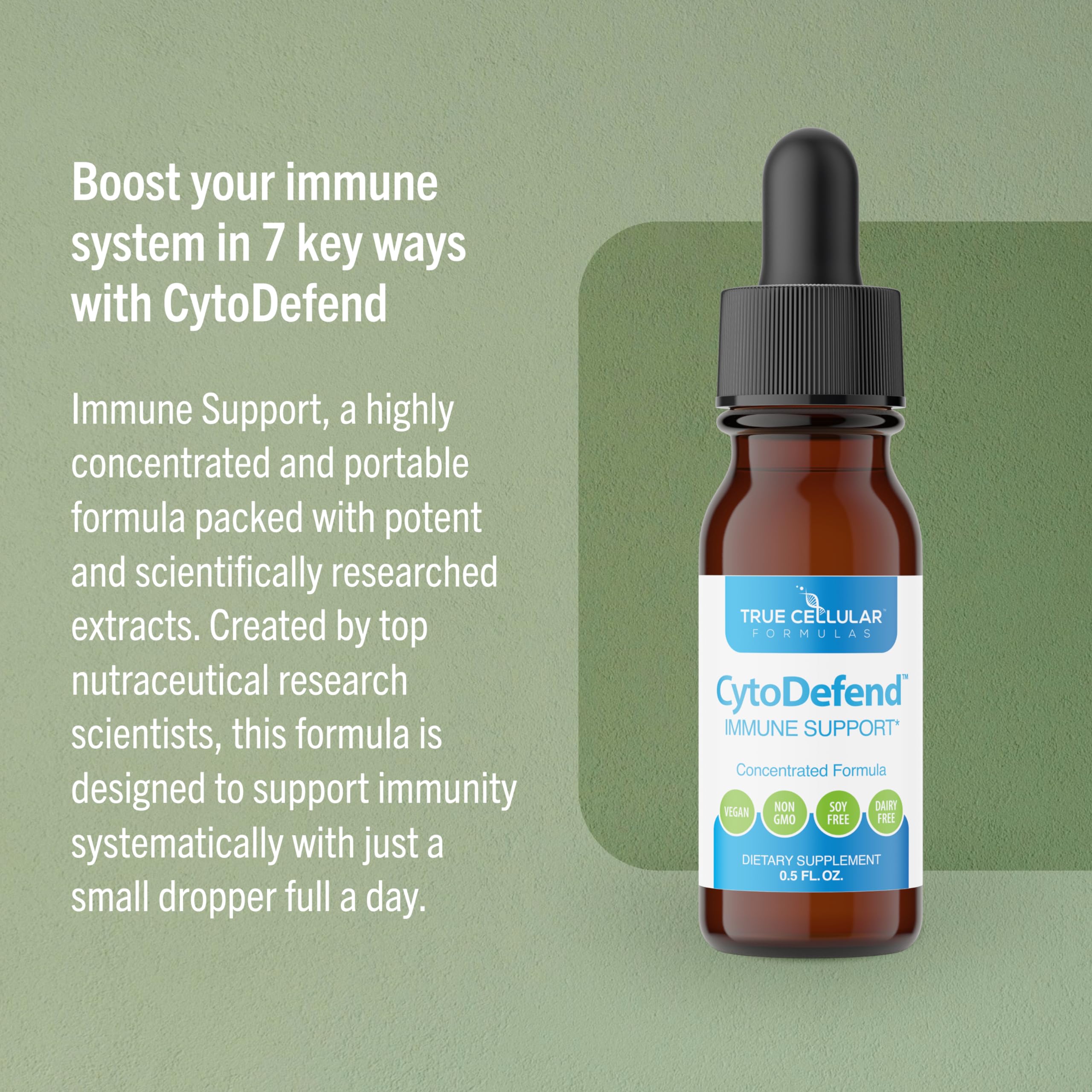 True Cellular Formulas CytoDefend bottle-pour illustrating easy direct dosing on busy days