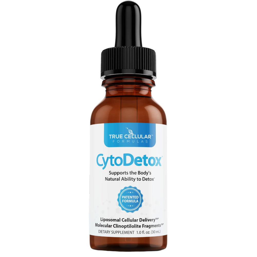 True Cellular Formulas Cytodetox bottle closeup for travel-friendly detox support
