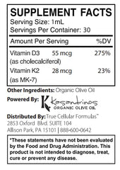 Product shot of True Cellular Formulas D3 + K2 drops highlighting immune support