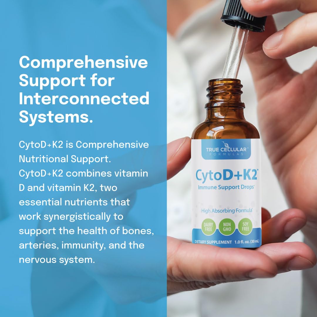 Pouring True Cellular Formulas D3 + K2 drops into a glass