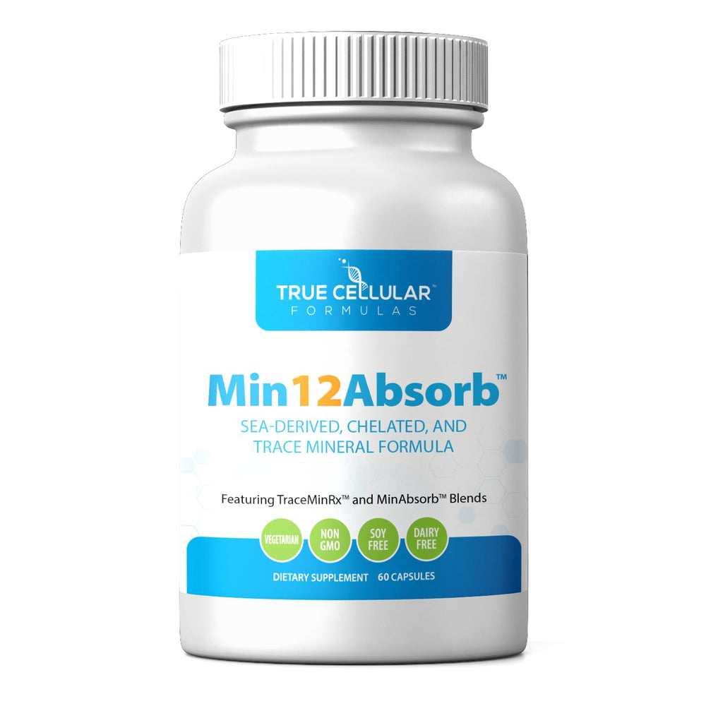 True Cellular Formulas MIN12Absorb bottle front showcases a comprehensive mineral blend for daily vitality.