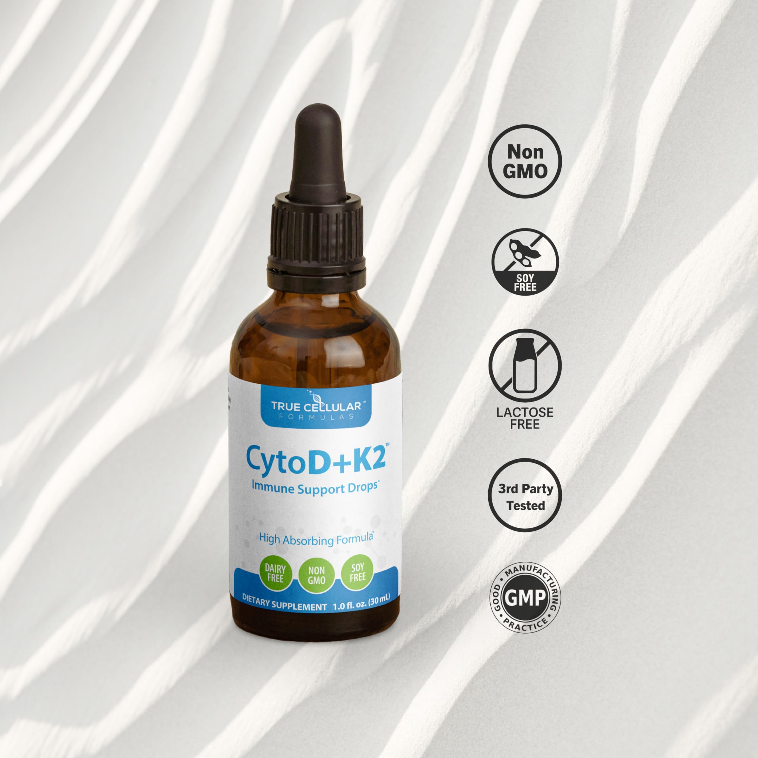 Close-up of True Cellular Formulas D3 + K2 drops bottle
