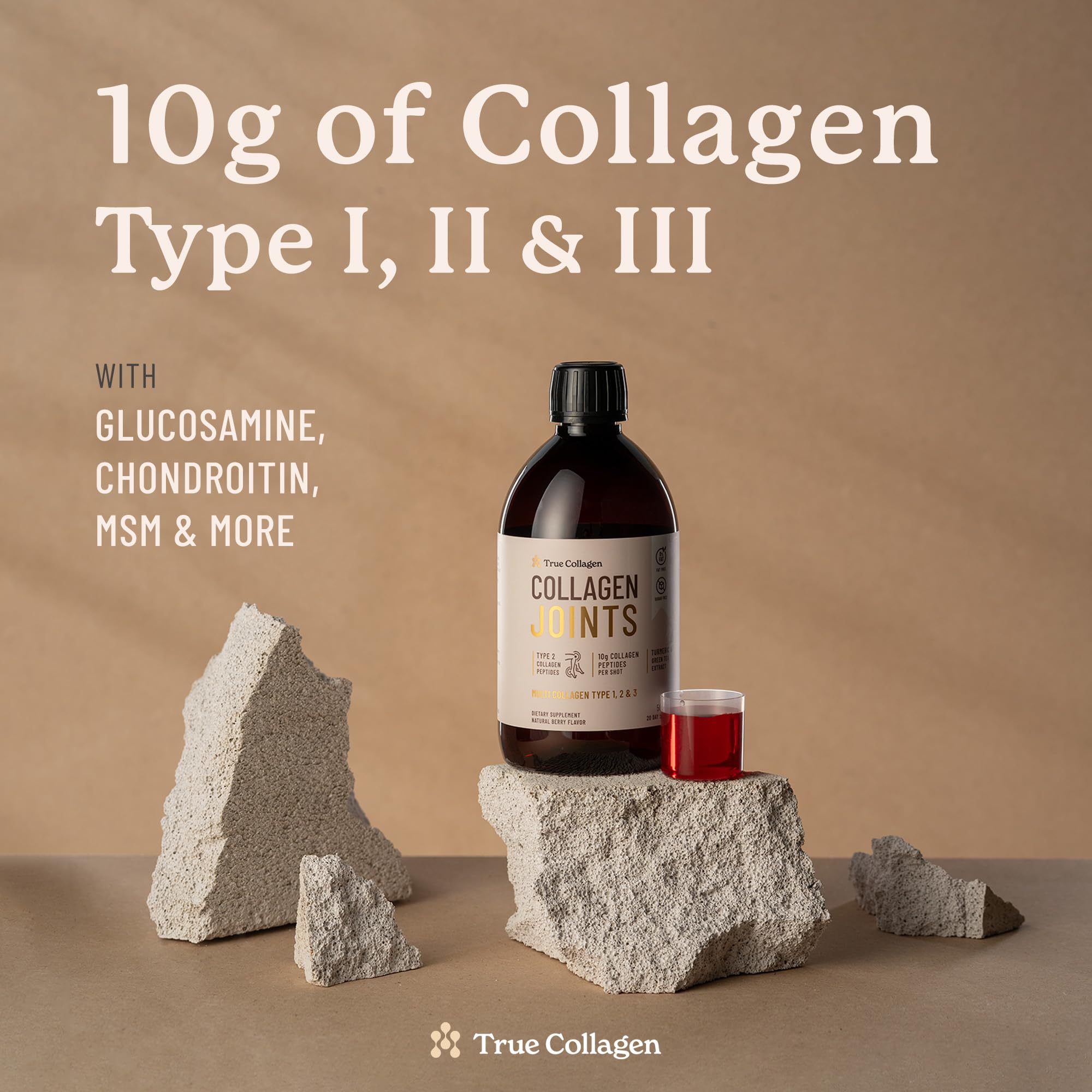 True Collagen Joints bottle label highlights 10,000 mg collagen and key ingredients