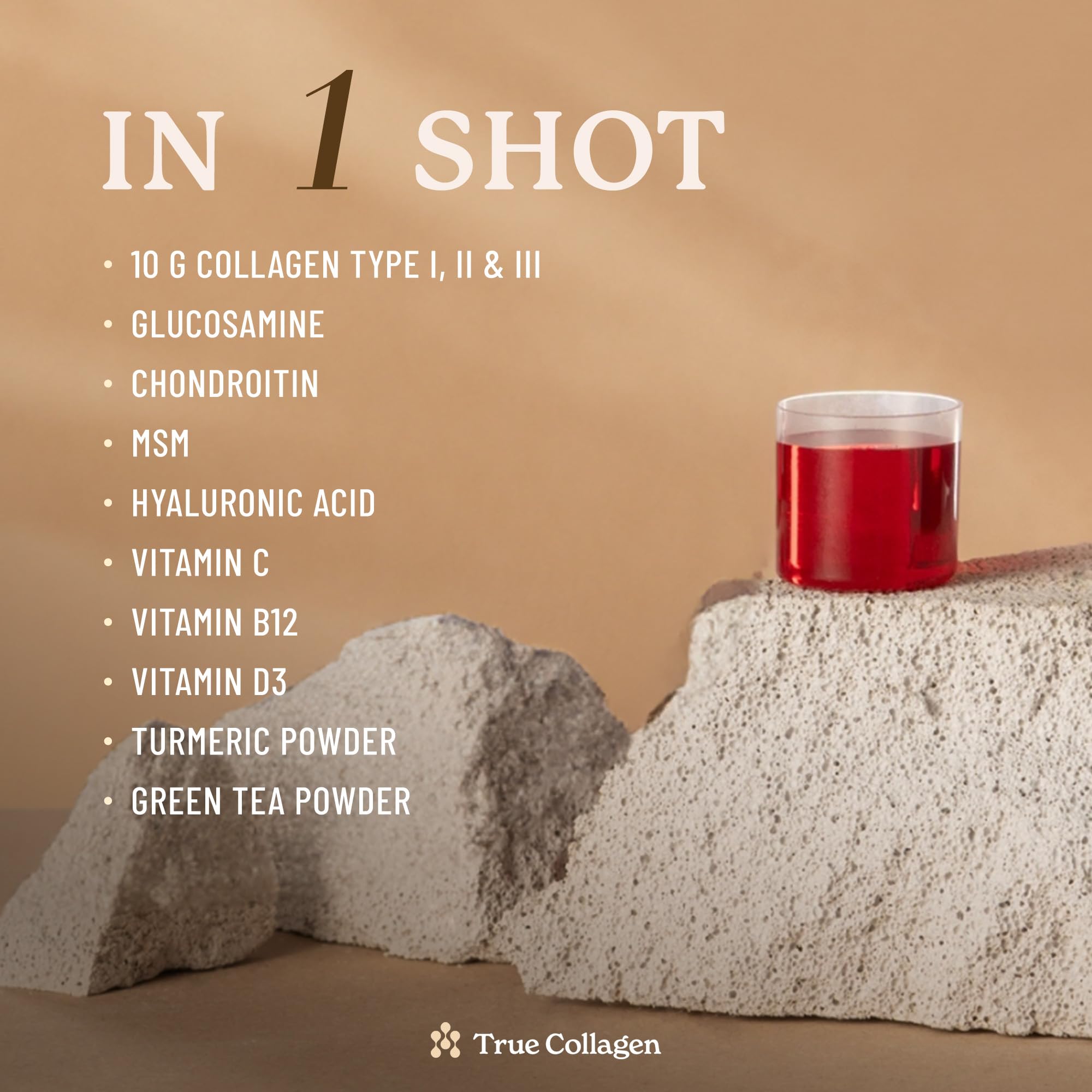 True Collagen Joints ingredients close-up features collagen, glucosamine, and chondroitin