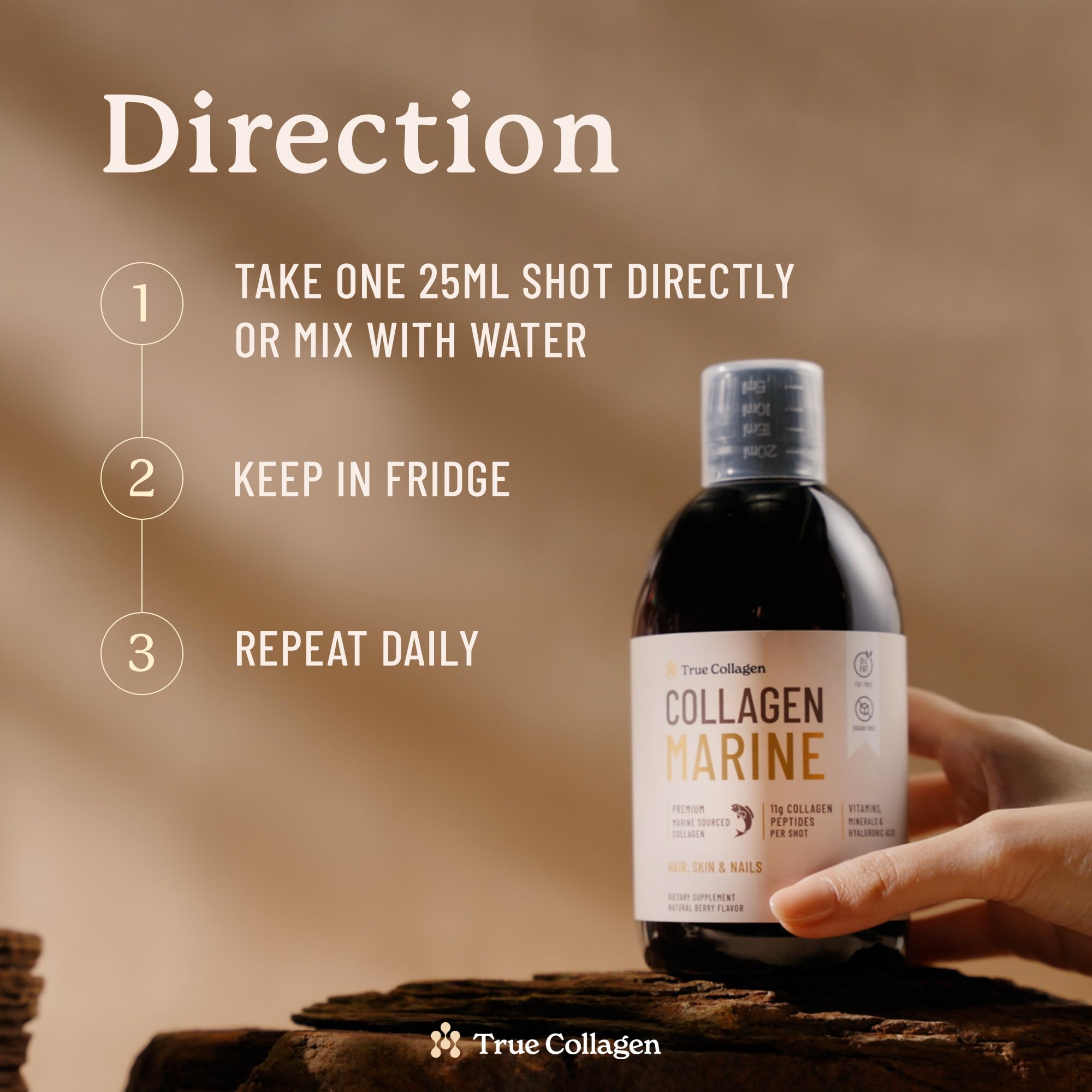 True Collagen Marine 25 ml daily dose beside a measurement cap