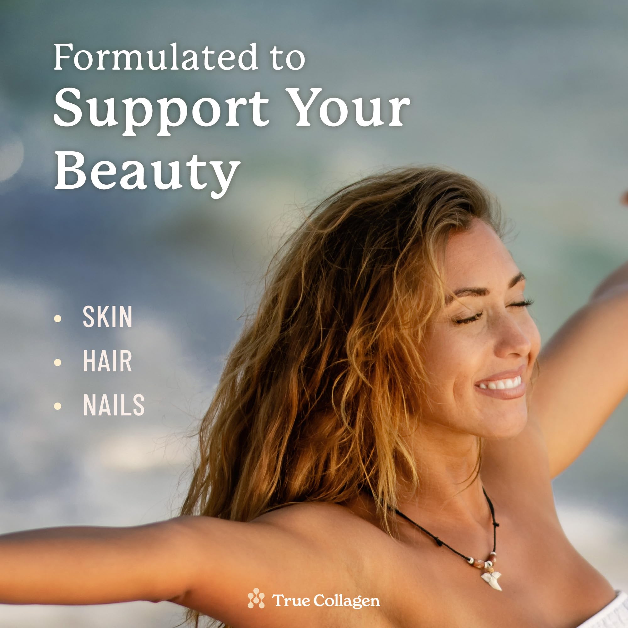 True Collagen Marine ingredients panel with hyaluronic acid, biotin and vitamin C