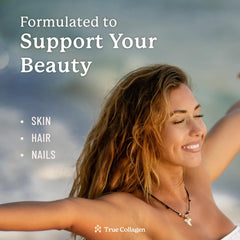 True Collagen Marine ingredients panel with hyaluronic acid, biotin and vitamin C