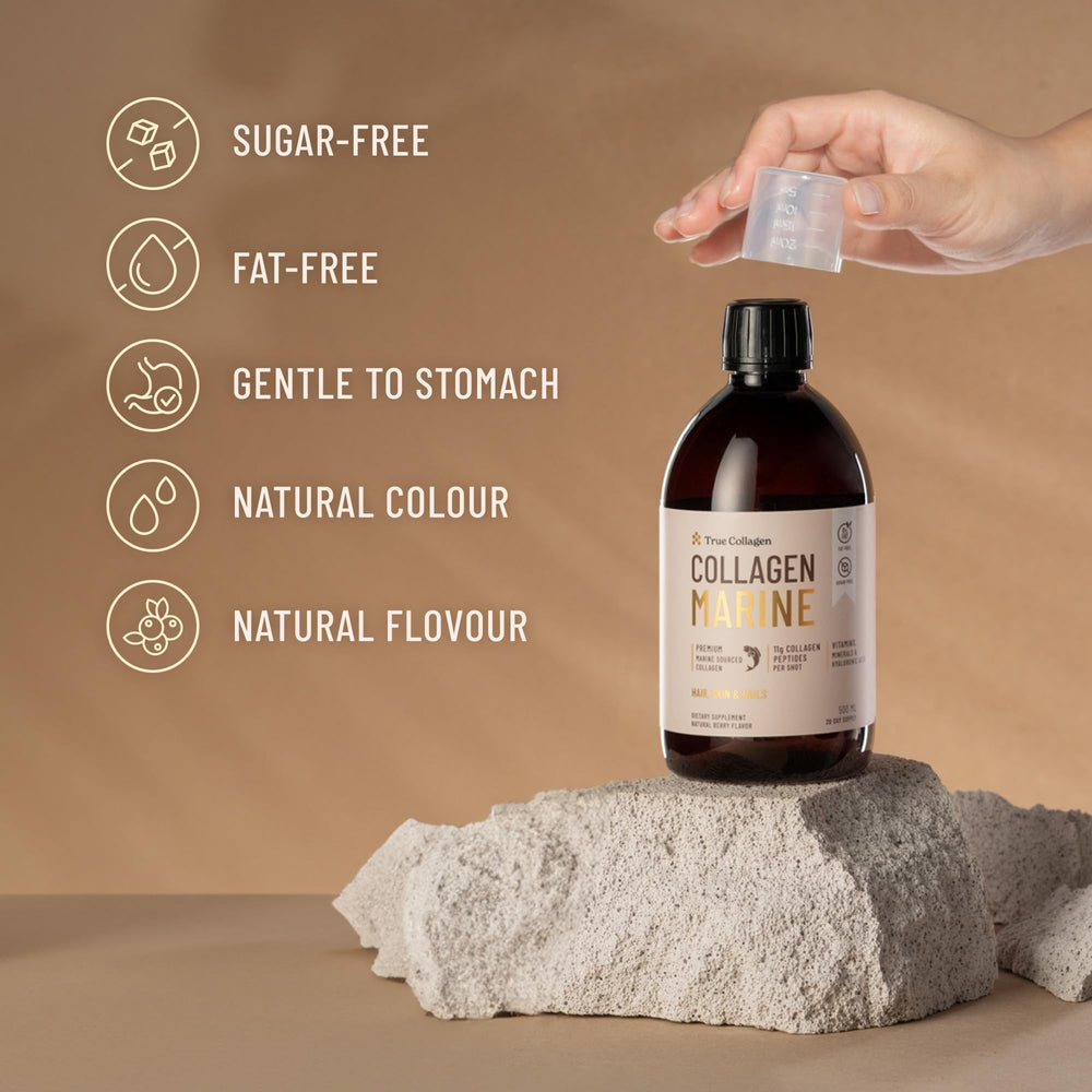 True Collagen Marine bottle being poured to highlight liquid format