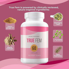 TRUE FEM 13-in-1 capsules close-up suggesting plant-based wellness