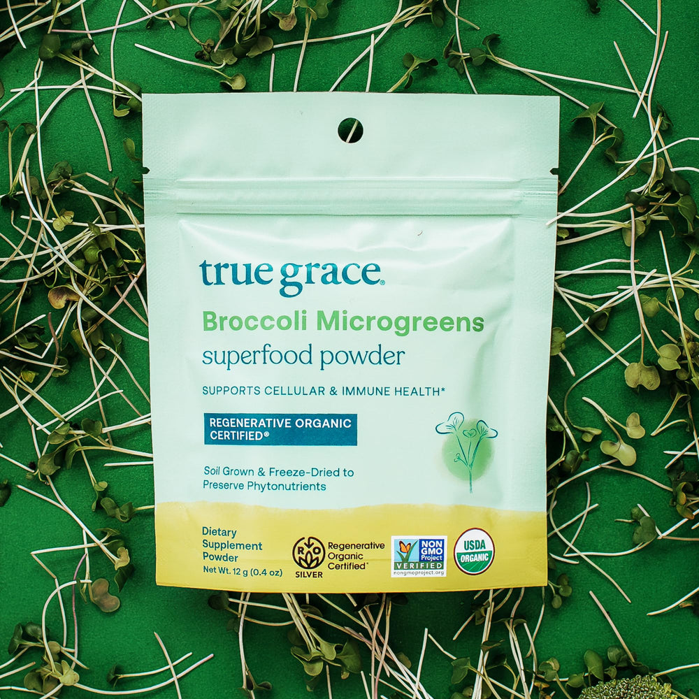 True Grace broccoli microgreens powder added to a smoothie