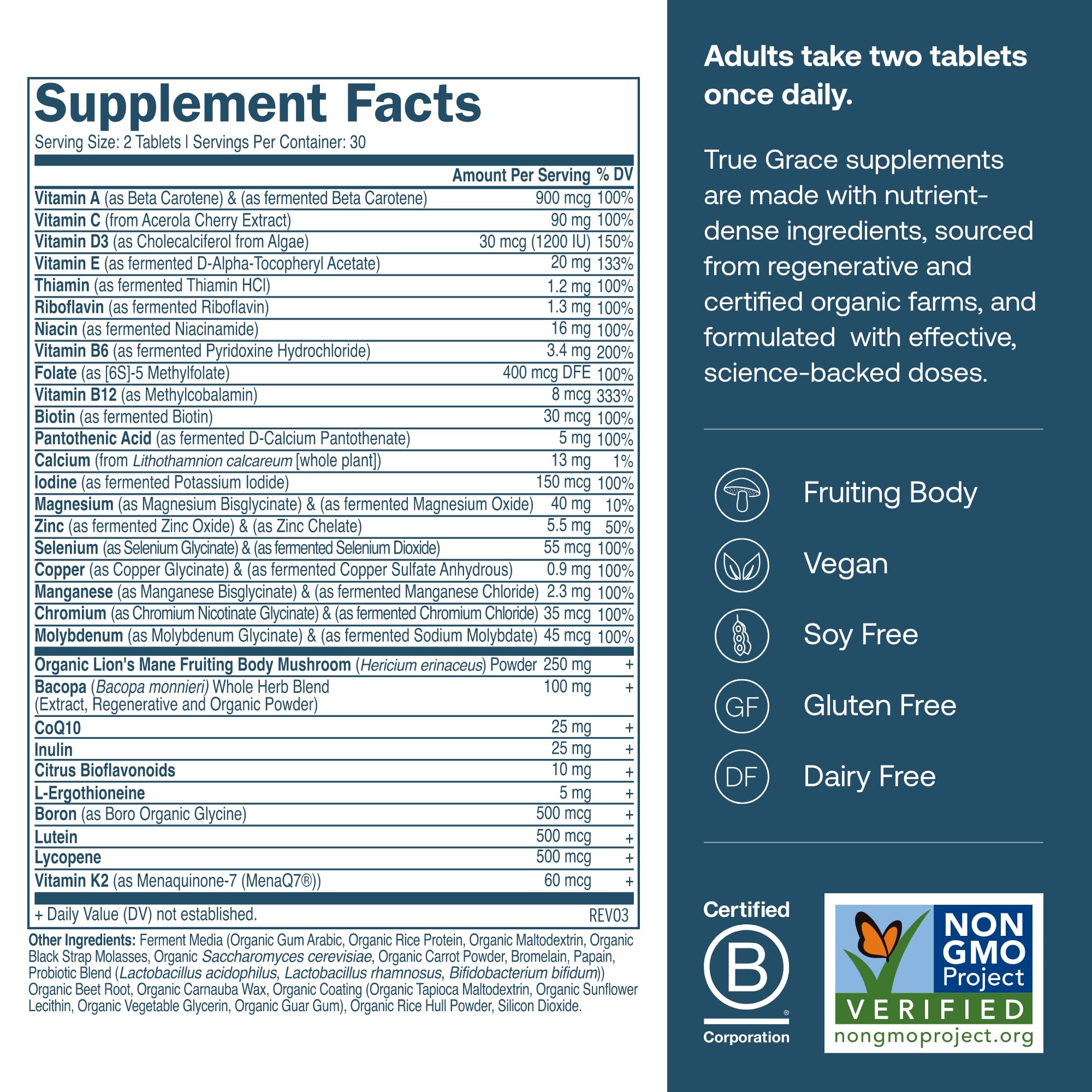 True Grace Daily Men’s Multivitamin bottle side view with label details