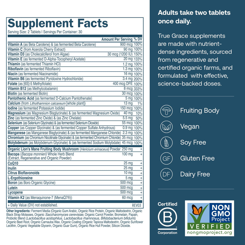 True Grace Daily Men’s Multivitamin bottle side view with label details