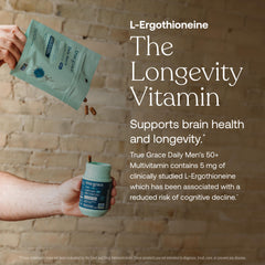 Label close-up on True Grace multivitamin noting vegan and gluten-free formula