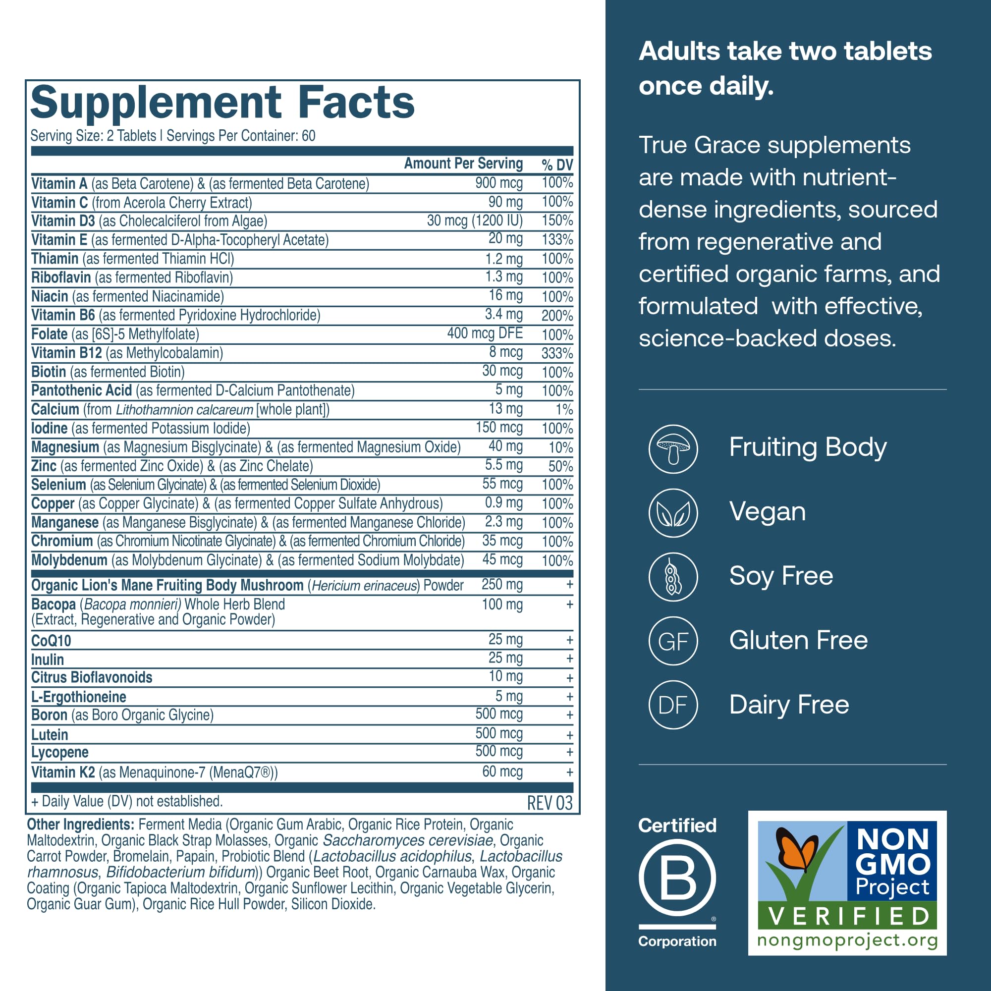 True Grace Daily Multivitamin 50+ bottle label, vegan and gluten-free nutrition for wellness.