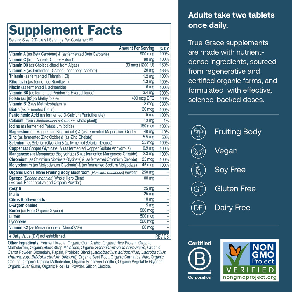 True Grace Daily Multivitamin 50+ bottle label, vegan and gluten-free nutrition for wellness.