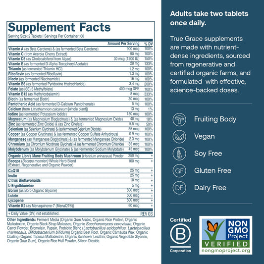True Grace Daily Multivitamin 50+ bottle label, vegan and gluten-free nutrition for wellness.
