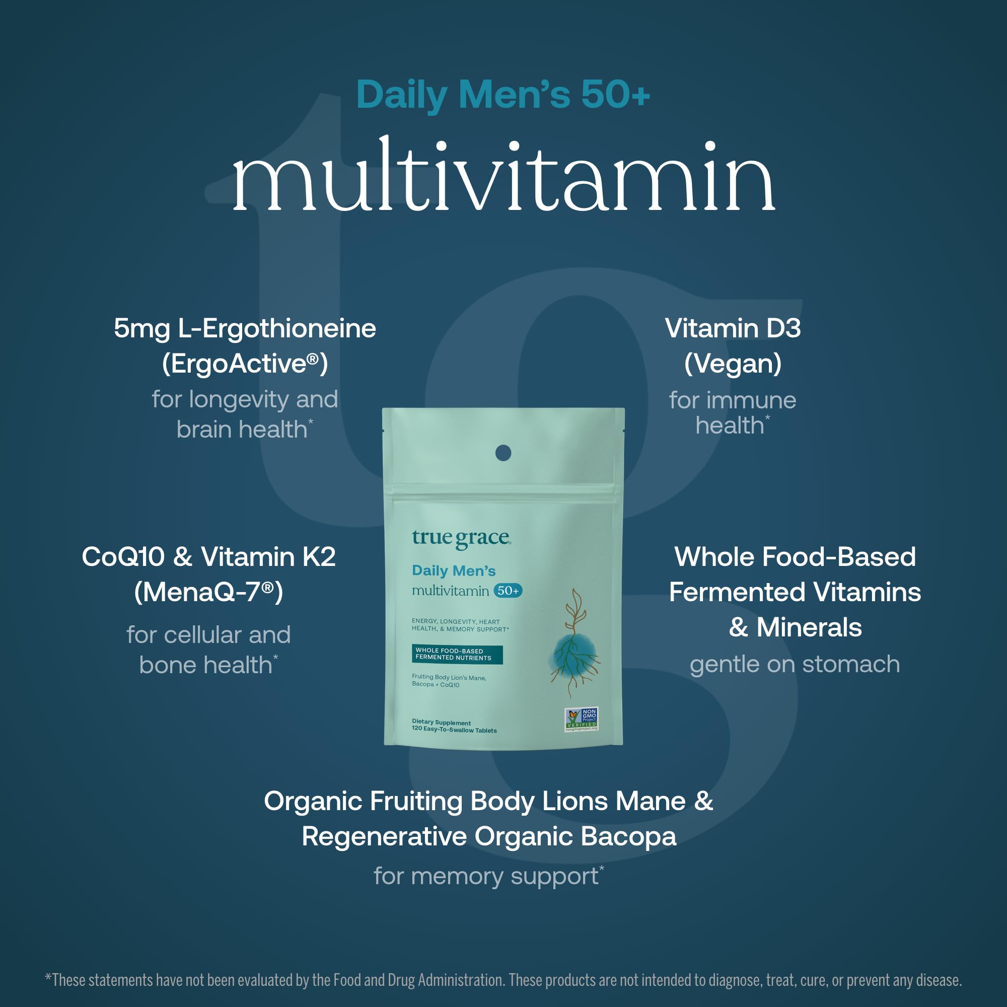 True Grace Daily Multivitamin 50+ tablets closeup, easy-to-swallow daily use.