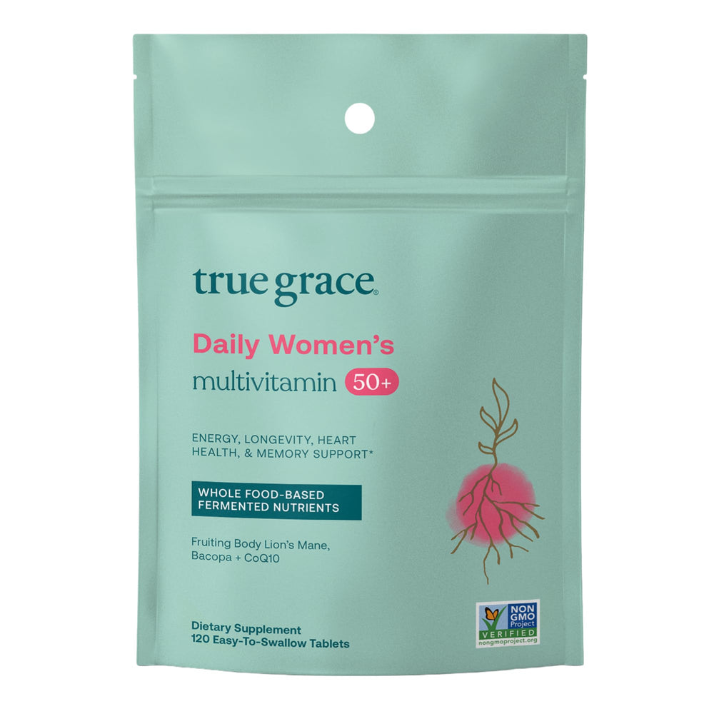 True Grace Daily Women’s Multivitamin 50+ bottle ready for daily use with easy swallowing.