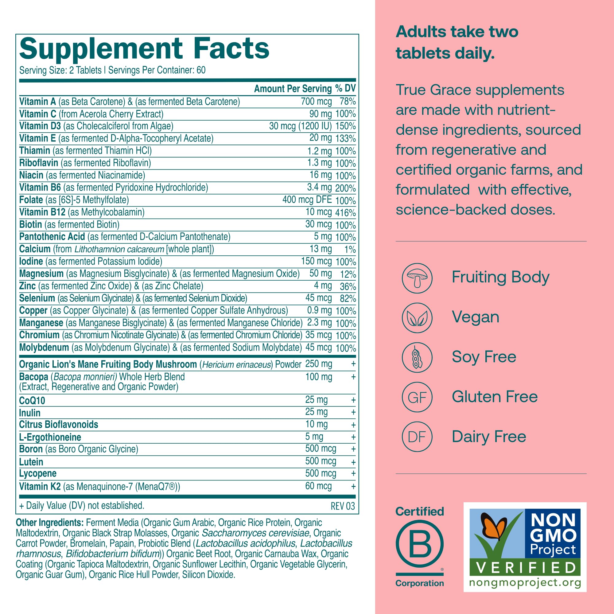 True Grace Daily Multivitamin 50+ label close-up showing nutrients for longevity and memory.