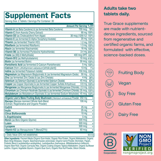 True Grace Daily Women’s Multivitamin label close-up, vegan and iron-free for mindful nutrition