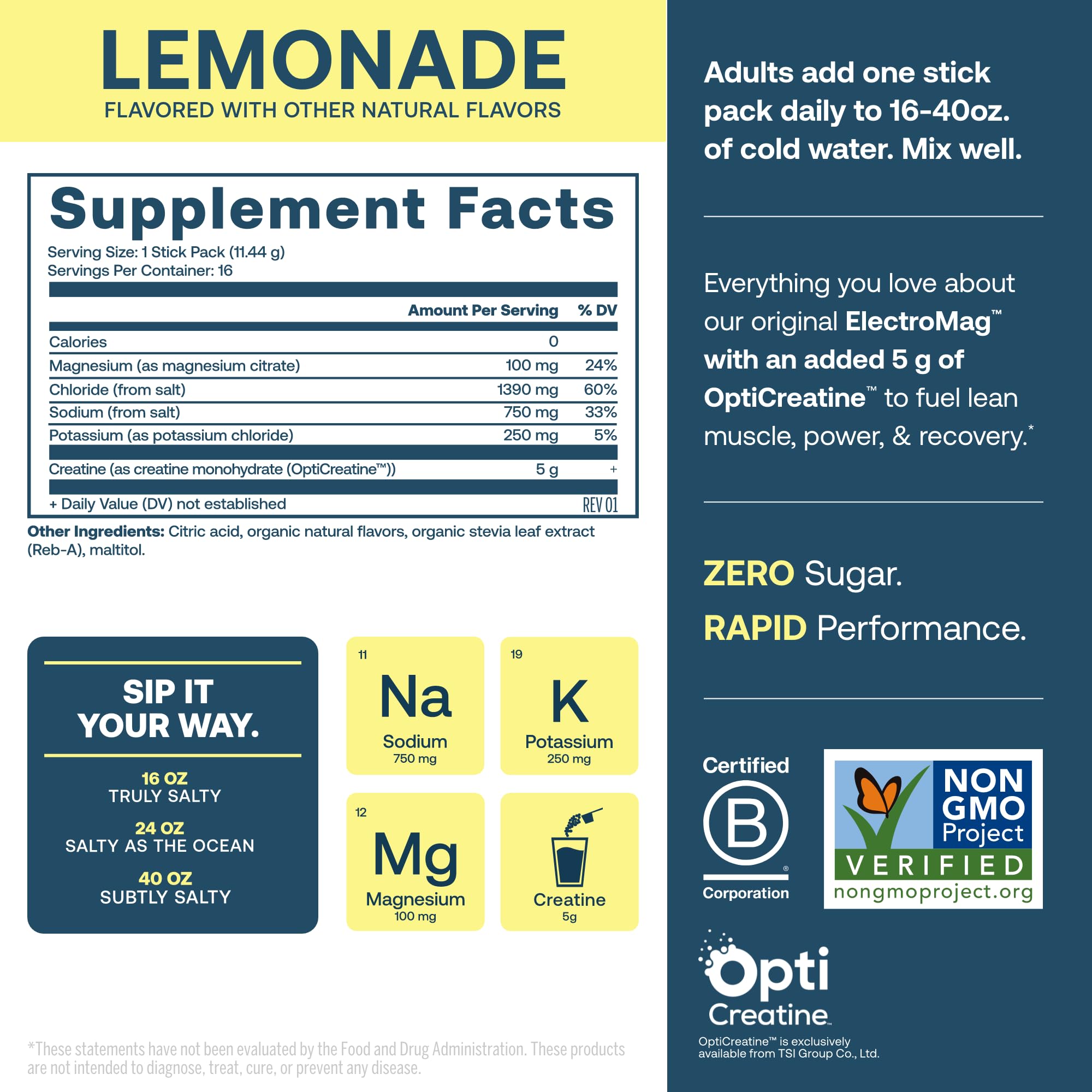 Close-up of True Grace ElectroMag + Creatine Lemonade label highlighting minerals.