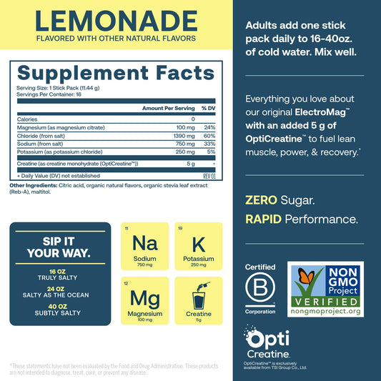 Close-up of True Grace ElectroMag + Creatine Lemonade label highlighting minerals.