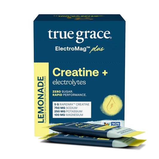 True Grace ElectroMag + Creatine Lemonade stick pack for on-the-go hydration.