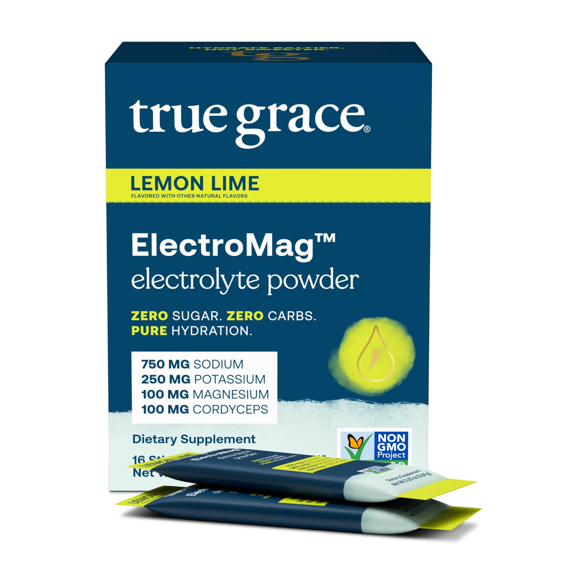 True Grace ElectroMag lemon lime stick pack for convenient on-the-go electrolyte replenishment during workouts.