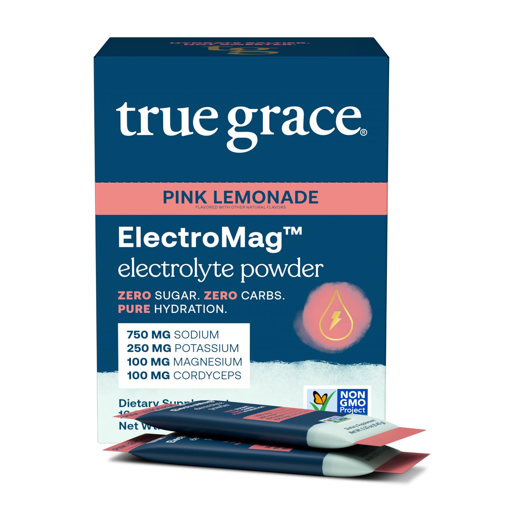 True Grace ElectroMag pink lemonade stick pack ready to mix for rapid hydration.