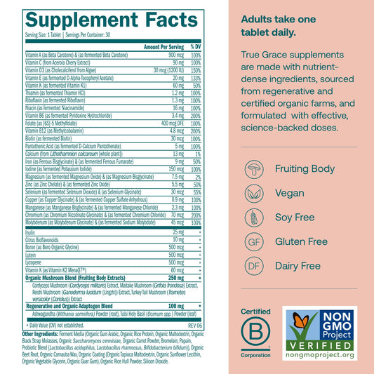 True Grace fermented minerals tablet close-up highlighting nutrient-dense formulation for absorption