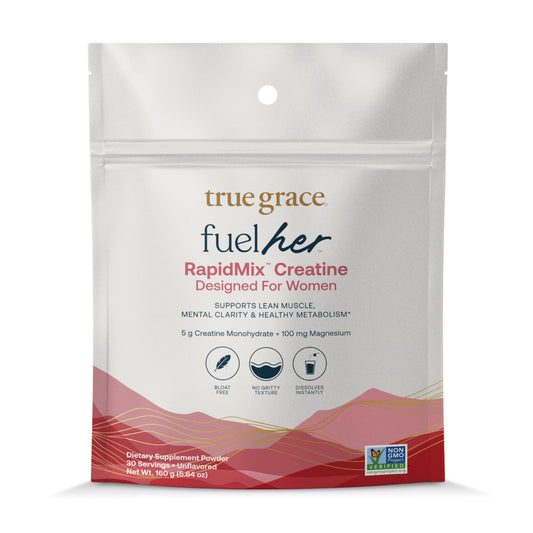 True Grace FuelHer RapidMix creatine bottle showing the unflavored powder for lean muscle