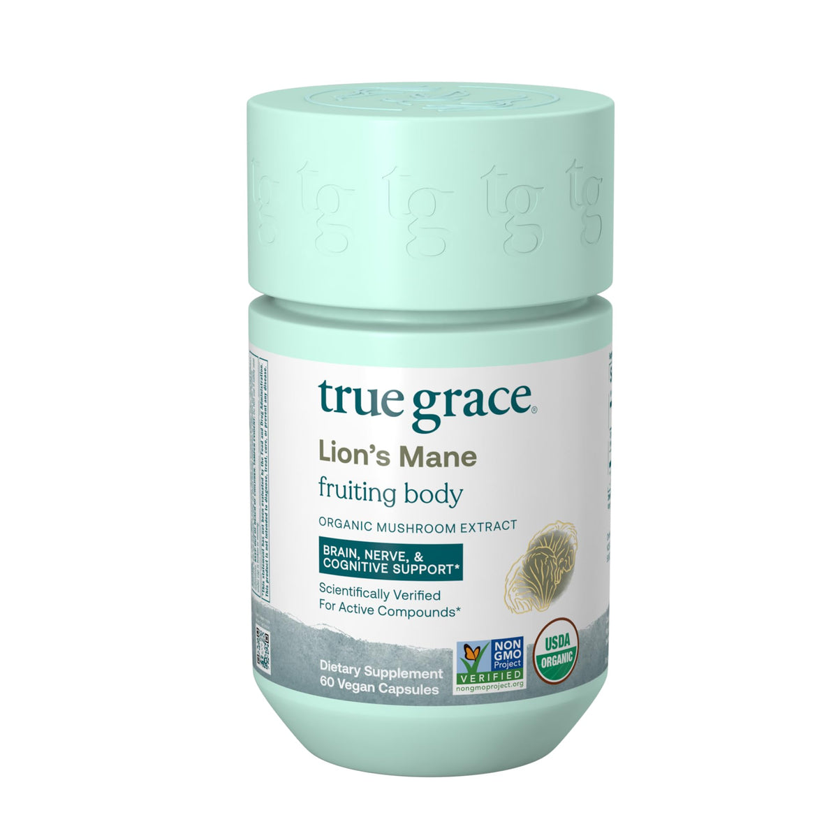 True Grace Lion's Mane bottle front showing organic capsules for cognitive support.