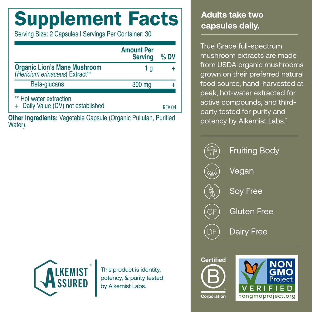 True Grace Lion's Mane capsules closeup reveals uniform capsules and organic formula.