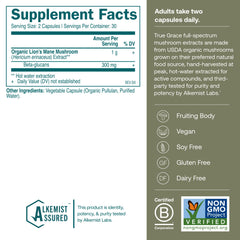 True Grace Lion's Mane capsules closeup reveals uniform capsules and organic formula.