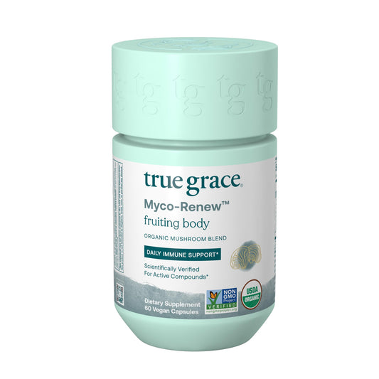 True Grace Mushroom Myco-Renew bottle on shelf, durable packaging for daily immune support.