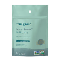 True Grace Mushroom Myco-Renew bottle with organic fruiting body mushrooms supports daily vitality