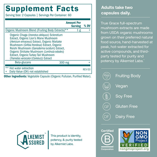 Close-up of True Grace Myco-Renew capsules for easy daily wellness