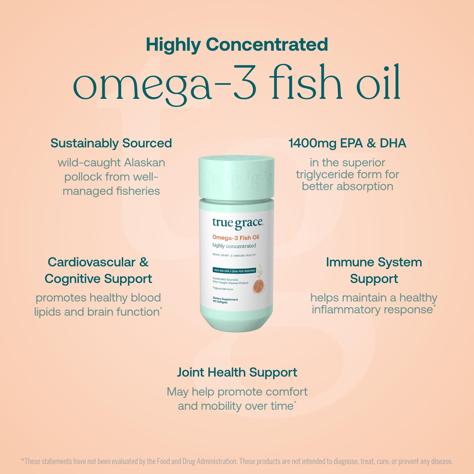 True Grace Omega-3 bottle label focusing on ingredients and sustainability cues.