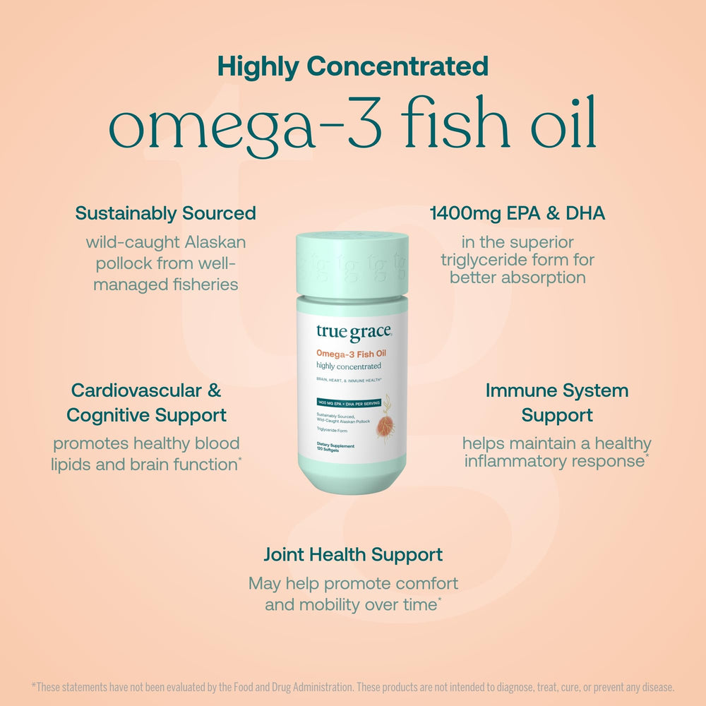 True Grace Omega-3 bottle label focusing on ingredients and sustainability cues.