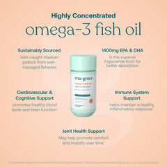 True Grace Omega-3 bottle label focusing on ingredients and sustainability cues.