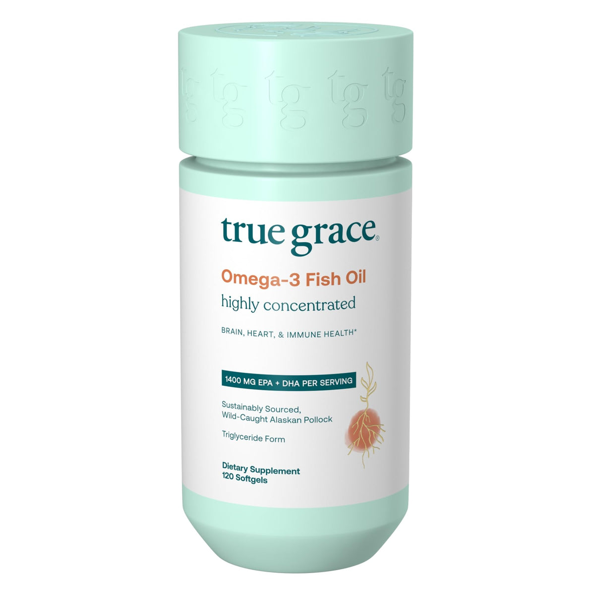 True Grace Omega-3 Fish Oil bottle showing high-potency EPA and DHA for daily wellness.