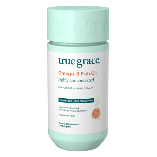 True Grace Omega-3 Fish Oil bottle showing high-potency EPA and DHA for daily wellness.