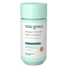 True Grace Omega-3 Fish Oil bottle showing high-potency EPA and DHA for daily wellness.