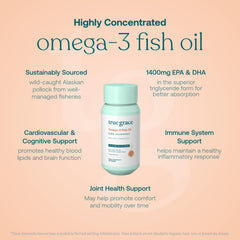 True Grace Omega-3 label highlights organic and gluten-free features.