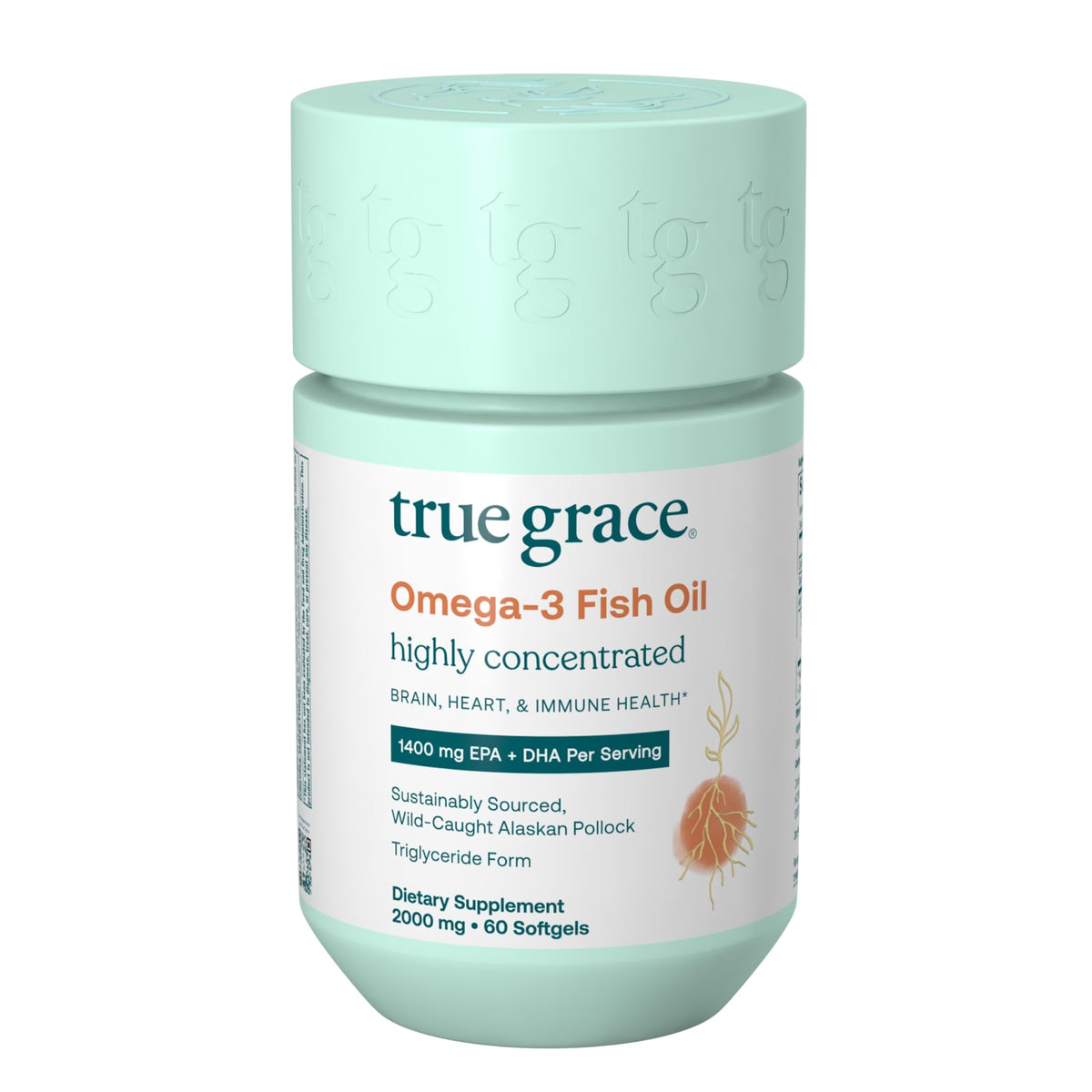 True Grace Omega-3 softgels bottle front: convenient daily support for heart and brain health.
