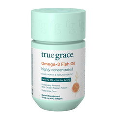 True Grace Omega-3 softgels bottle front: convenient daily support for heart and brain health.