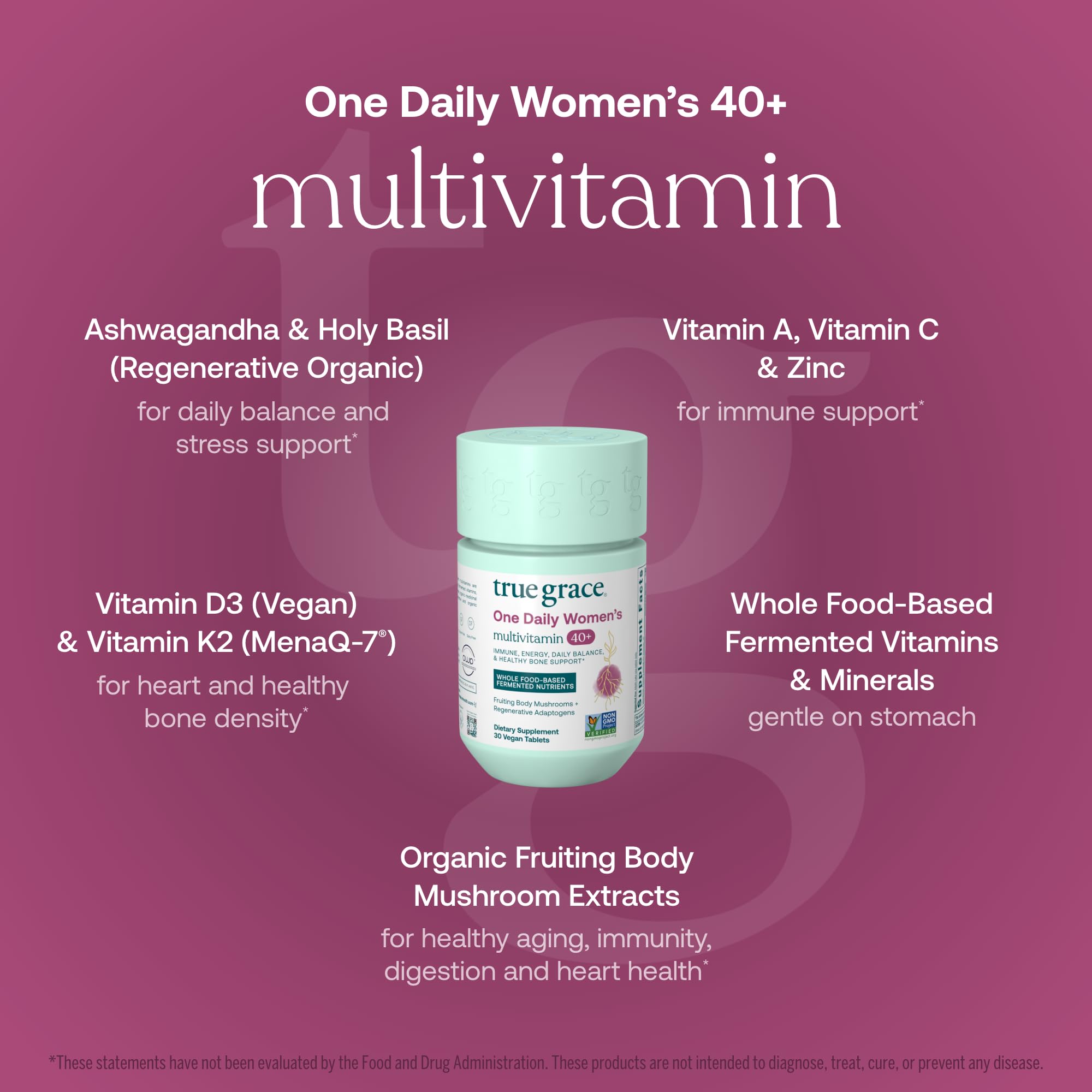 True Grace One Daily 40+ multivitamin tablets close-up for chelated minerals