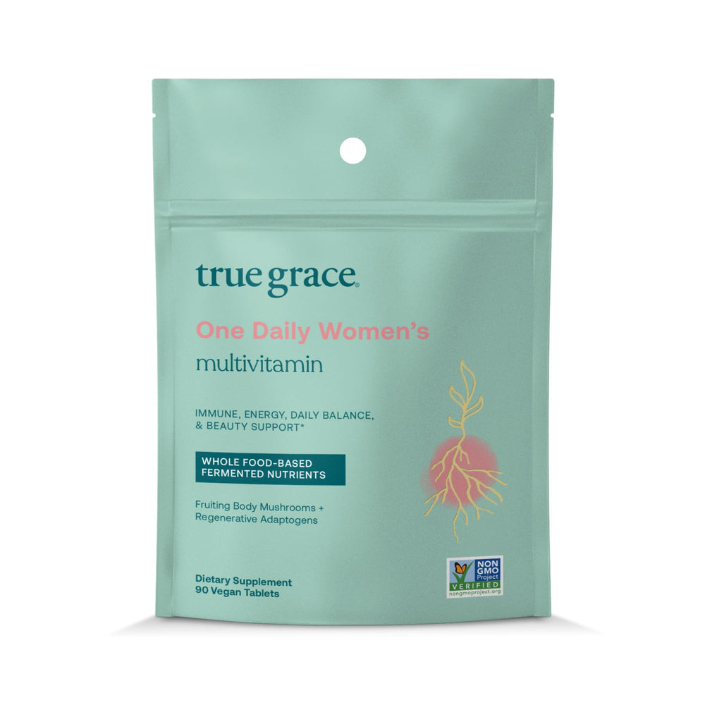 True Grace One Daily bottle front promoting vegan multivitamin for daily wellness