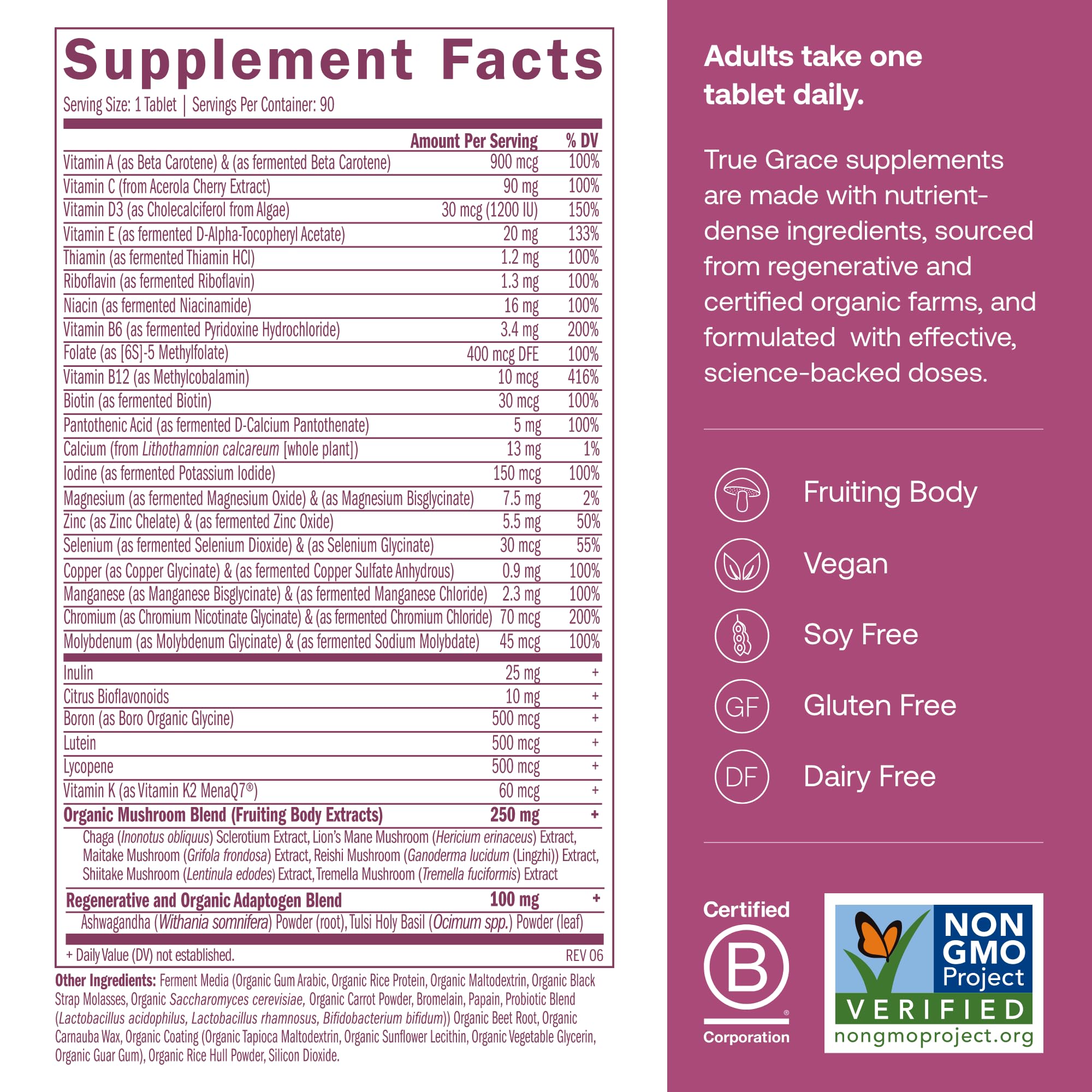 Close-up of True Grace One Daily label highlighting vegan formula.